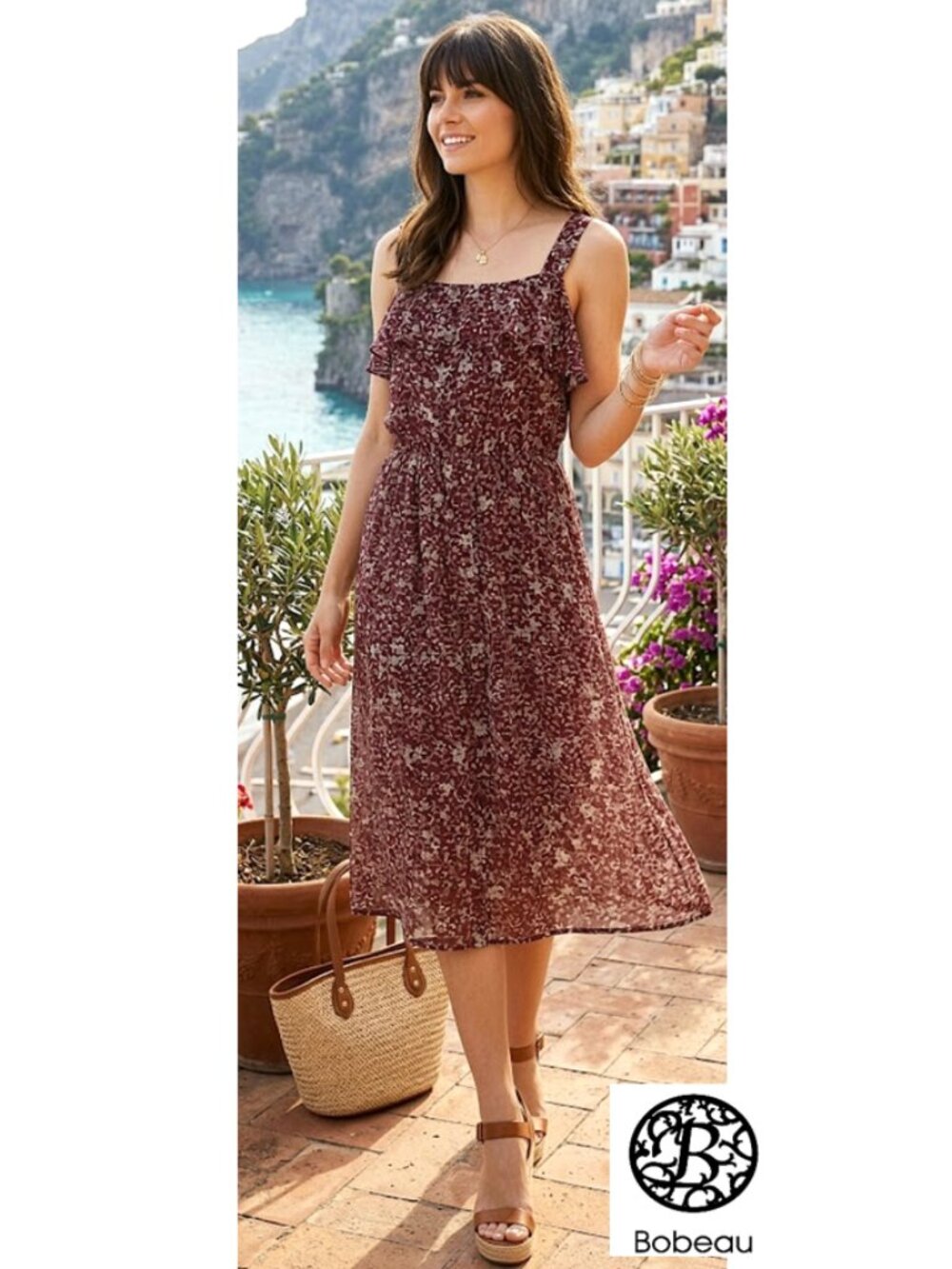 (3 for $30) NWT!! BOBEAU - Burgundy sleeveless front ruffle floral dress